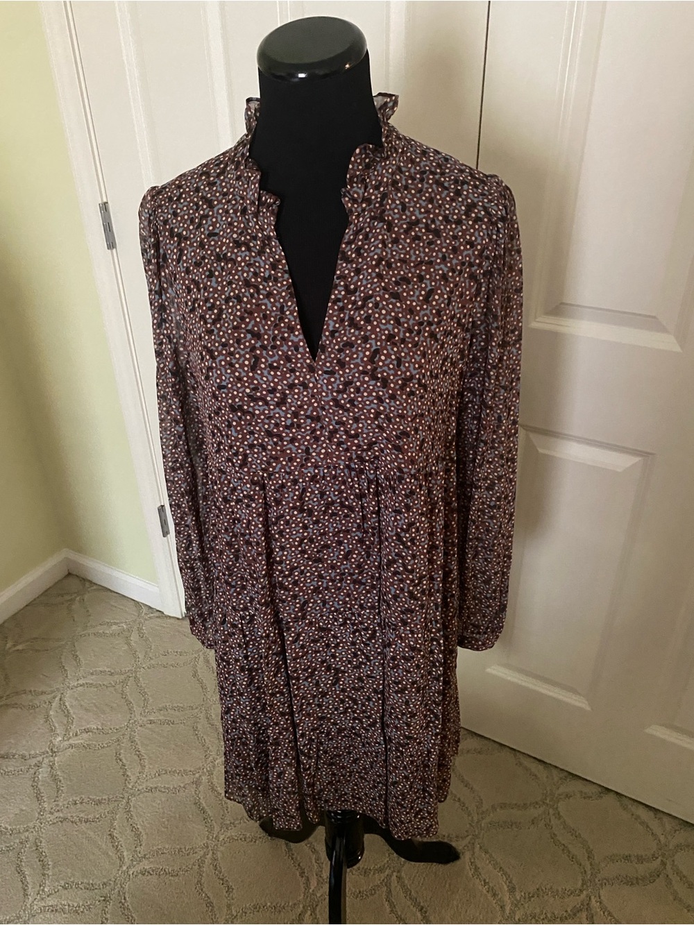 ba&sh Brown Printed Long-Sleeve Ruffle-Neck Dress